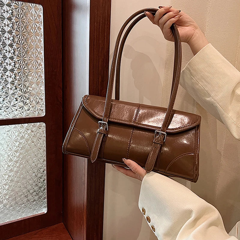 High End Burgundy Oil Wax PU Leather Underarm Bag Elegant Women's Magnetic Buckle Shoulder Bag Commuter Versatile Ladies Tote Ba