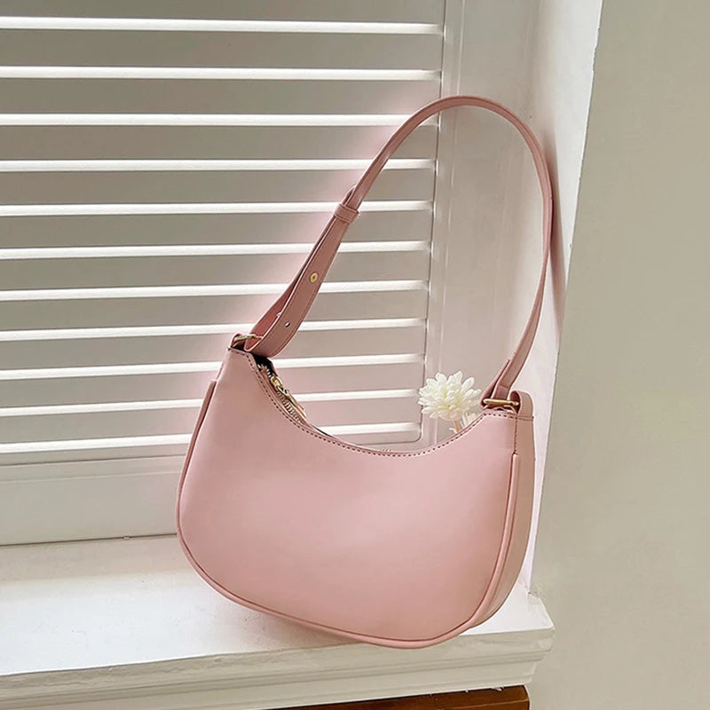 Womens Fashion Handbags Retro Solid Color Pu Leather Bag Half Simple Color Underarm Shoulder Bag Moon Casual Purse