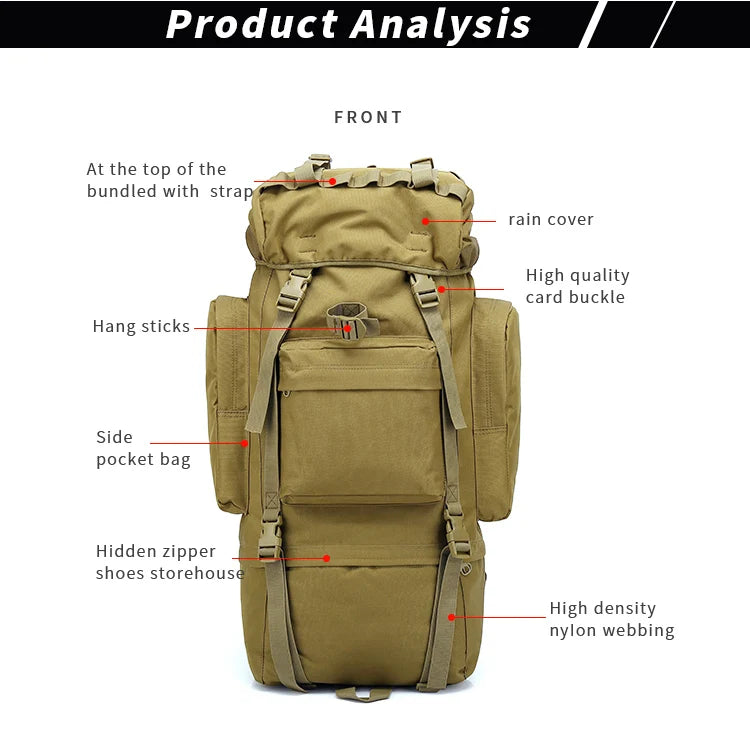 65L Large Capacity Waterproof Outdoor Hking Backpack Tactical Hunting Camping Rucksack Rain Cover Mountaineering Climbing Bags