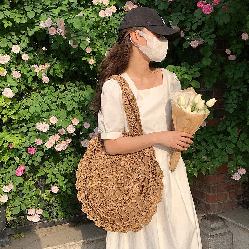 Bohemian Straw Bags for Women Circle Beach Handbags Summer Rattan Shoulder Bags Handmade Knitted Travel Big Totes Bag New