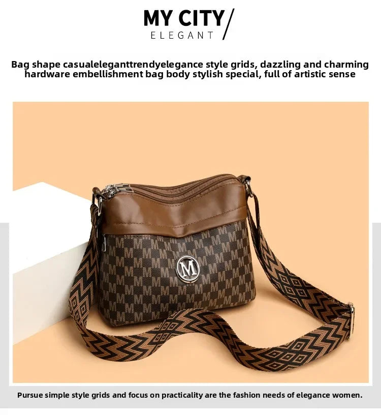 Classic Letter Patchwork Design Stylish Crossbody Bag Printed Three Layer Zipper Leather Shoulder Bag for Daily Use Work Outdoor