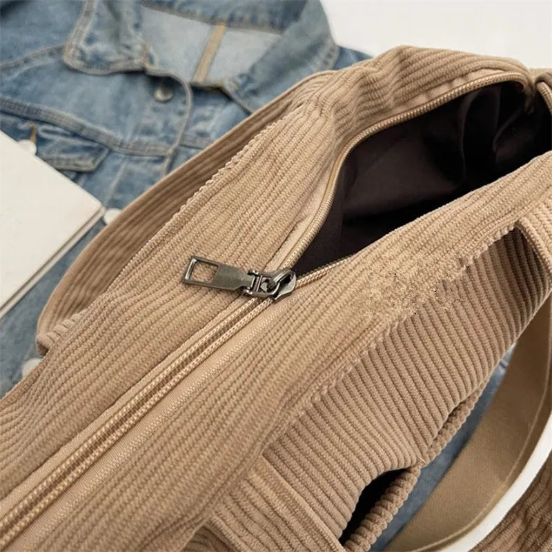 New Corduroy Tote Bag with Zipper Closure, Chic Daily Commuter Handbag Shoulder Crossbody Bag, Ideal for Shopping & Everyday Use