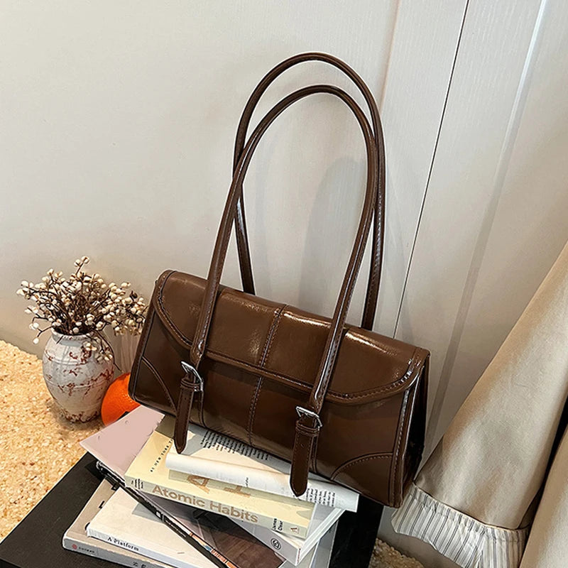 High End Burgundy Oil Wax PU Leather Underarm Bag Elegant Women's Magnetic Buckle Shoulder Bag Commuter Versatile Ladies Tote Ba