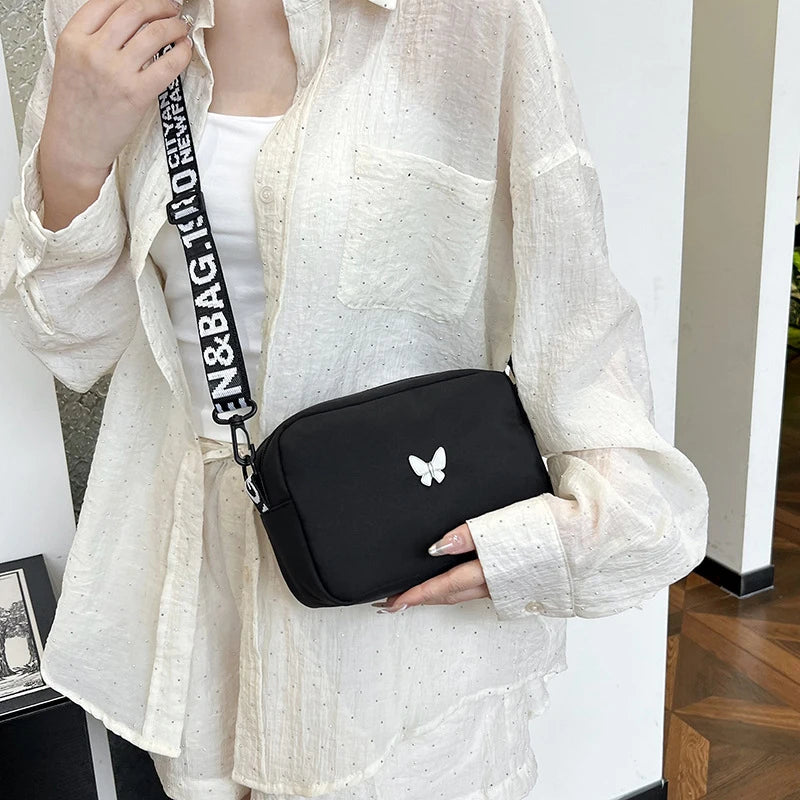Black&white Shoulder Bag Durable Butterly Nylon Crossbody Bag Wide Belt Crossbody Bag Casual Small Sqaure Bag For Women