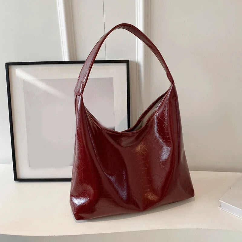 Soft PU Leather Quality Underarm Bag Vintage Wine Red Ladies Shoulder Bag Commuter Large Handbag Women's Versatile Tote Bag