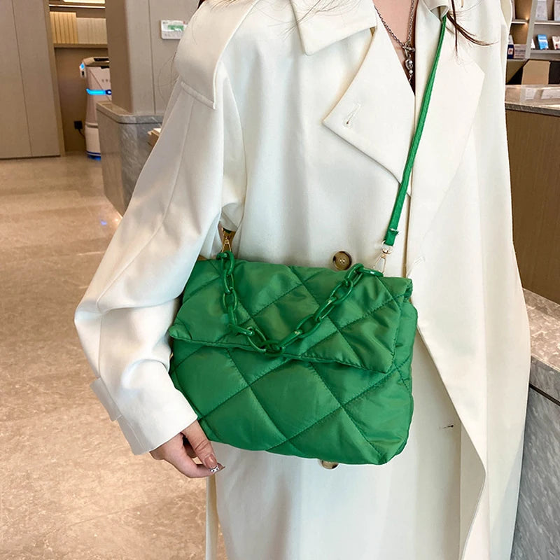 Fashion Chain Crossbody Bags Women Winter Cotton Padded Quilted Shoulder Bags Casual Large Capacity Simple Female Handbags