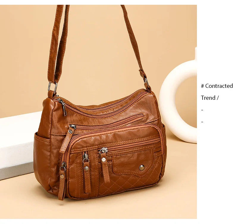 Fashionable Four Seasons Soft Leather Multi Pocket Cross Bags, Multi Layer Zipper Pouch Single Shoulder Bag for Women Daily Use