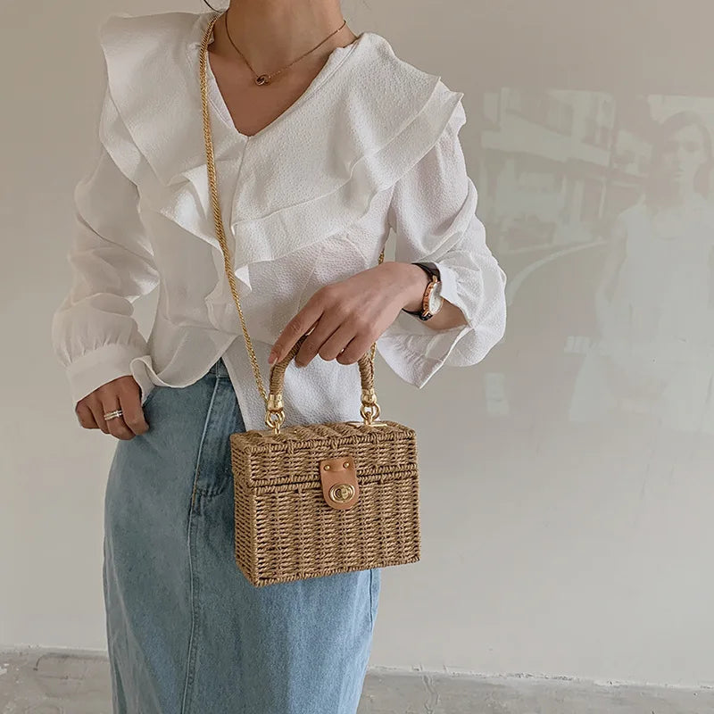 Summer Box Small Purse and Handbags For Women Rattan Straw Woven Crossbody Shoulder Bags Female Fashion Chain Travel Beach Bags