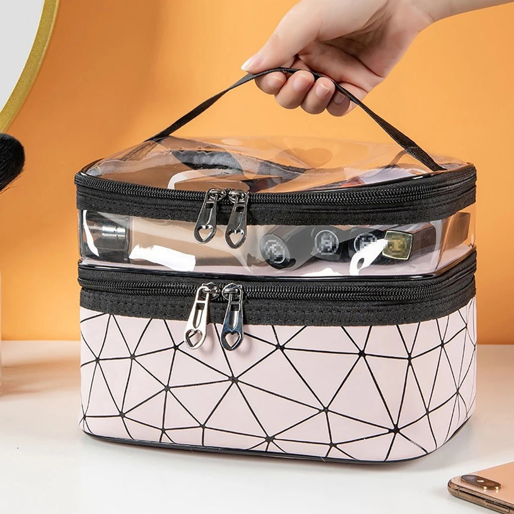 Doublelayer Makeup Bag,Waterproof PVC Travel Pouch Portable Washbag