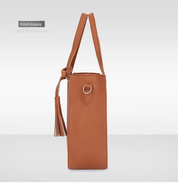 4pcs/set Tassel Bucket Women's Handbag Stylish Crossbody Bag Clutch and Wallet, Solid Color PU Shoulder Bags for Women Daily Use