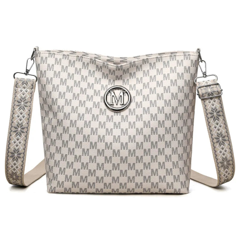 Vintage Women's Crossbody Bag, Faux Leather Shoulder Bag with Golden Hardware, Pattern "M" Design, Removable Strap for Daily Use