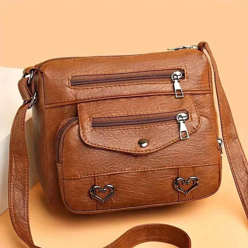 Versatile Multi Pocket Shoulder Bag, Women's Brown Black Leather Messenger Bag with Heart Tassel Embellishments Adjustable Strap