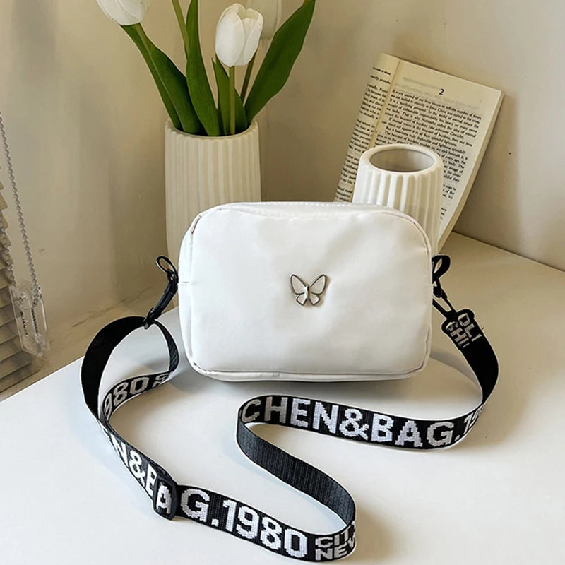 Black&white Shoulder Bag Durable Butterly Nylon Crossbody Bag Wide Belt Crossbody Bag Casual Small Sqaure Bag For Women