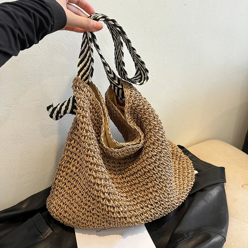 Big Capacity Straw Beach Bag Vintage Handmade Woven Shoulder Bag Raffia Rattan Handbag Bohemian Summer Vacation Crossbody Bags