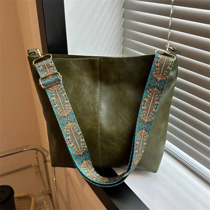 Bohemian Style Women's Shoulder Bag, Vintage Wide Strap, Casual Crossbody Bag for Commuting, Golden Embroidery, Adjustable Strap