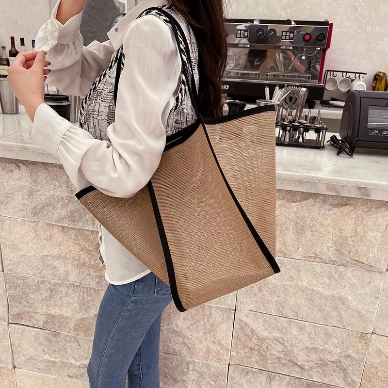 Fashion Large Capacity Handbag Mesh Hollow Out Design Beach Travel Package For Women Single Shoulder Bag Female Shopper Totes
