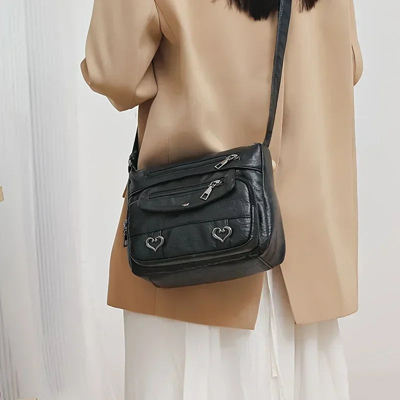 Versatile Multi Pocket Shoulder Bag, Women's Brown Black Leather Messenger Bag with Heart Tassel Embellishments Adjustable Strap