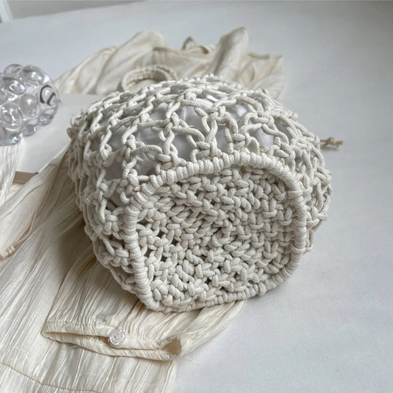 Ladies Summer Bucket Shoulder Bag Phone Purse Handmade Hollow Out Cotton Rope Crochet Bag Small Handbag For Women