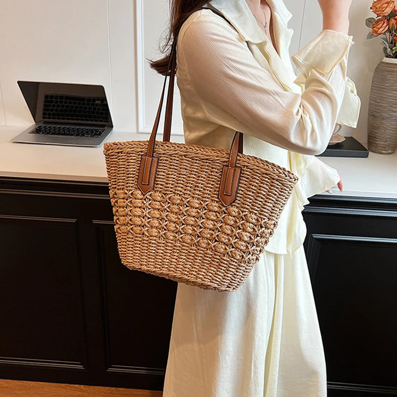 Summer Straw Bags for Women Straw Shoulder Bags Rattan Woven Top Handle Bag Hollow Raffia Crochet Beach Bag Casual Handbags