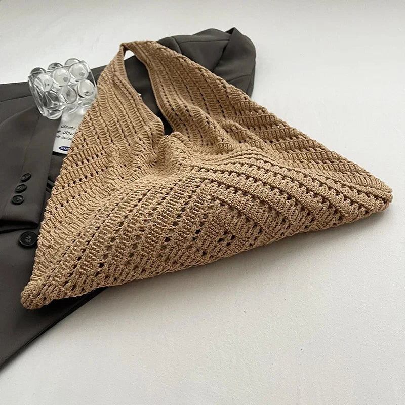 Brand Women Tote Knitting Handbag Triangle Design Woven Beach Bag Lightweight Elegant Portable Shoulder Bag Purse