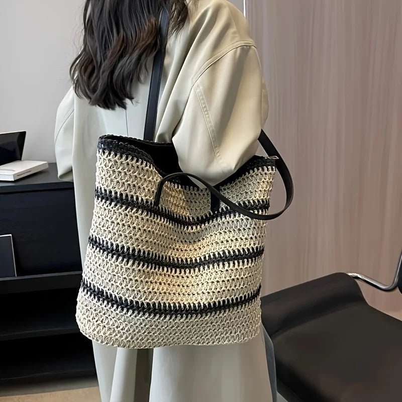 Large Boho Chic Striped Woven Tote Bag, Spacious Shoulder Beach & Shopping Bag for Women with Black and White Design, Beach Bag