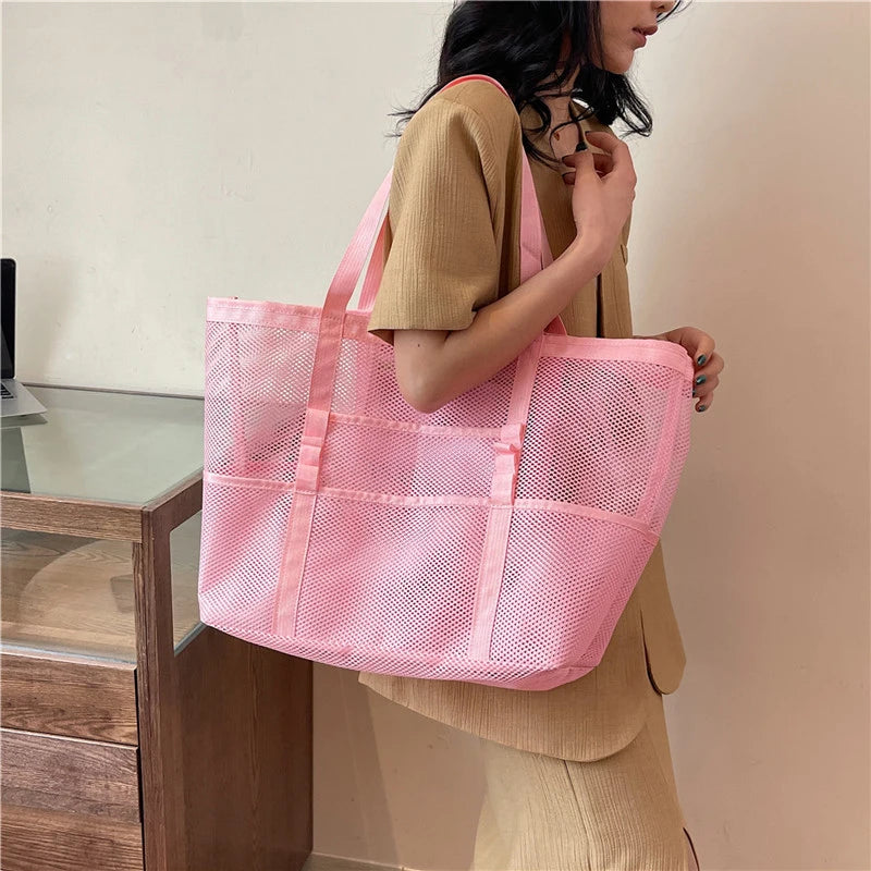 Portable Mesh Beach Bag For Women Makeup Travel Storage Wash Bag Summer Travel Swimming Bath Bag Organizer Shopper Totes