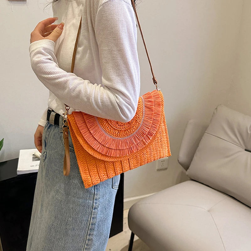 Raffia Straw Weaven Bags Fashion Ladies Wrist Clutches Summer Women Shoulder Crossbody Bags Handmade Handbags Purse Beach Bag