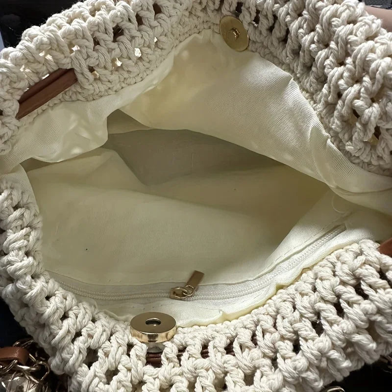 Chic Knit Crossbody Bags for Woman Bucket Bag with Adjustable Strap Weaving Handbag Shoulder Messenger Bag with Polyester Lining