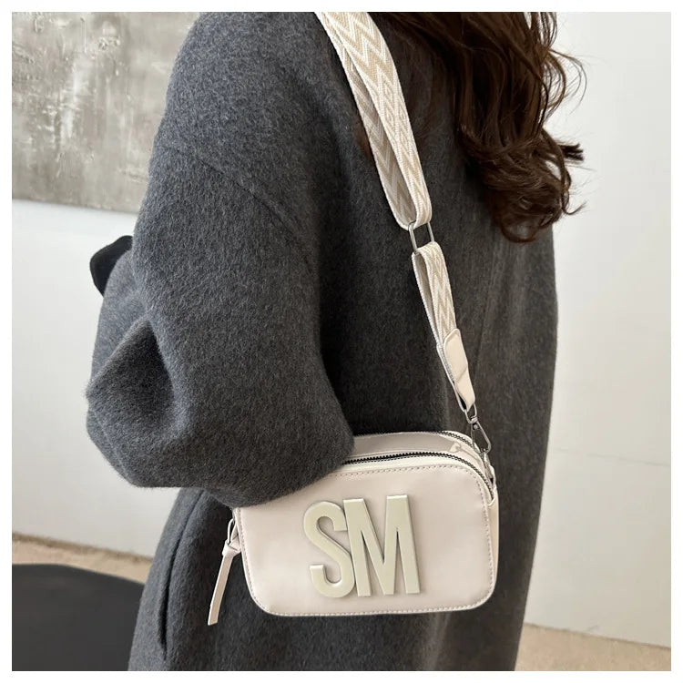 Stylish Versatile Women Single Shoulder Bag, SM Letter Pu Leather Small Square Bag, Leisure Wide Shoulder Strap Cross Body Bags