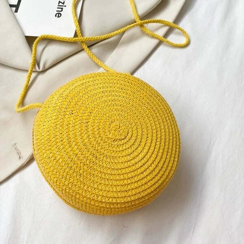 Round Straw Bag Women Woven Beach Crossbody Bag for Ladies Cute Shoulder Rattan Handmade Knitted Candy Color Small Handbag Bolsa