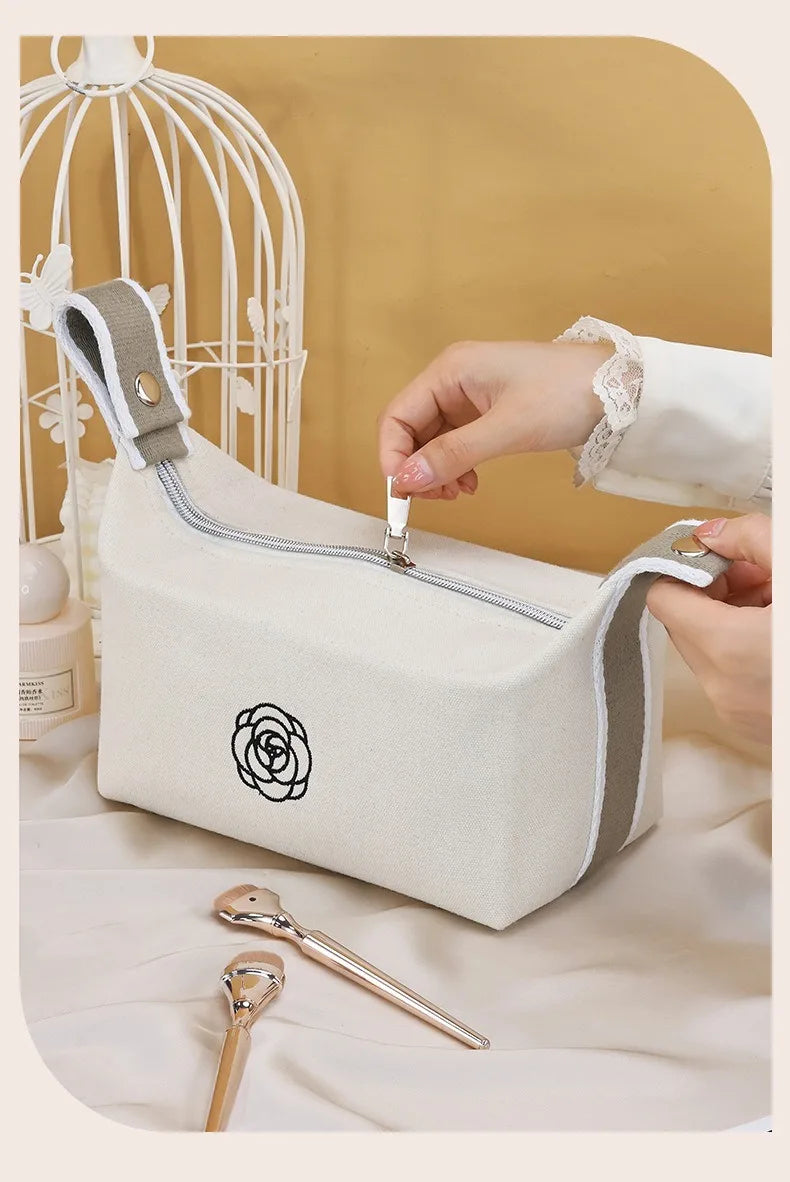 Premium Handheld Portable Camellia Canvas Makeup Bag for Travel Large Capacity Toiletries Cosmetics Skincare Storage Bag
