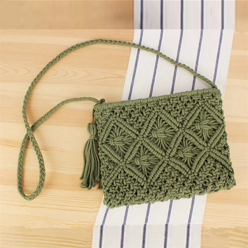 Handmade Bohemian Woven Rope Crossbody Bag with Tassel Detail, Summer Beach Clutch Shoulder Bags for Women, Geometric Design