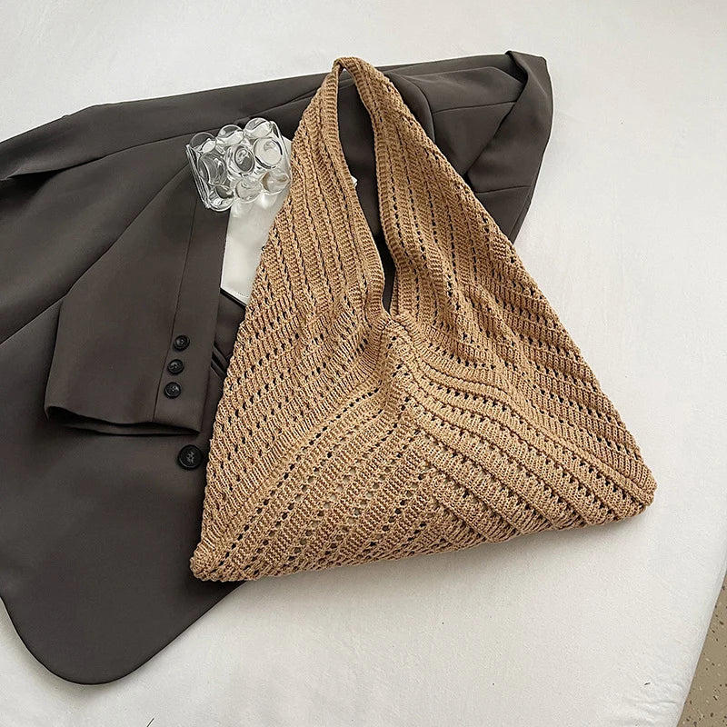 Brand Women Tote Knitting Handbag Triangle Design Woven Beach Bag Lightweight Elegant Portable Shoulder Bag Purse