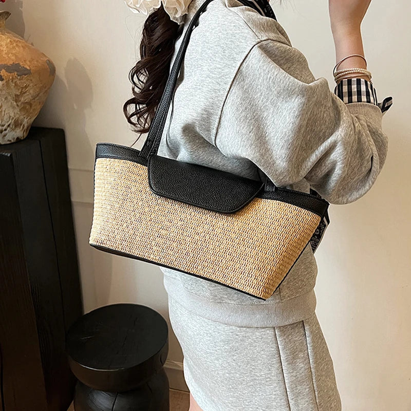 Fashion Women Shoulder Bag PU Woven Patchwork Stick Bag Large Capacity Tote Bag New Casual Woven Contrasting Color Handbag