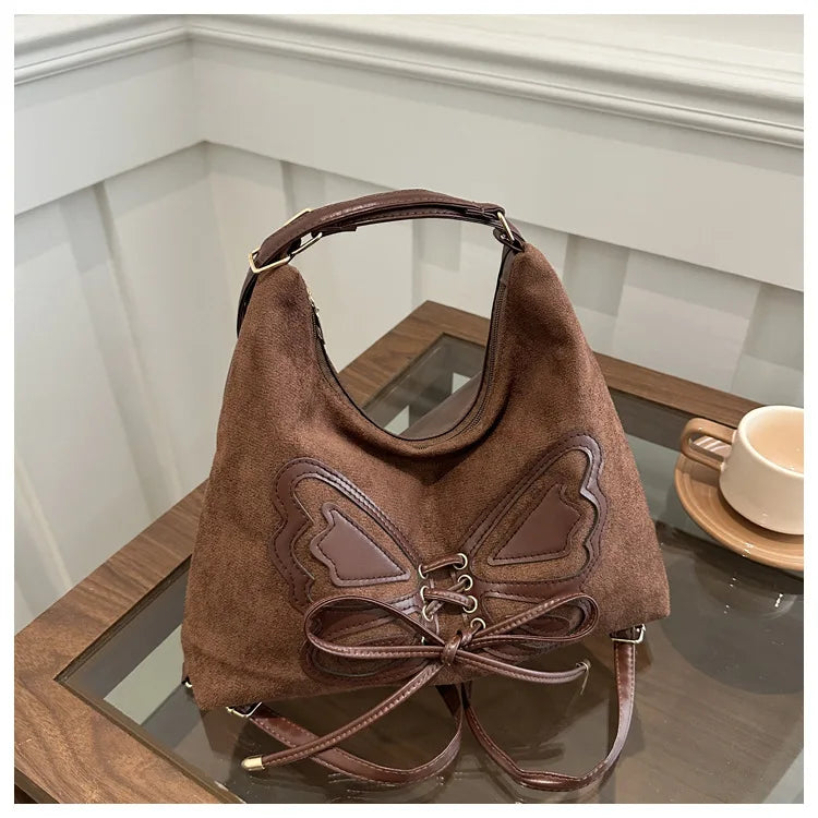 Large Capacity Bow Tie Backpack, New Retro Single Handbag Shoulder Messenger Bag, High Grade Matte Leather Tote Cross Body Bags