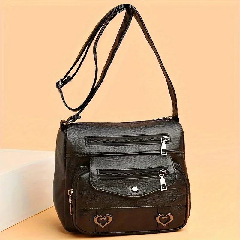 Versatile Multi Pocket Shoulder Bag, Women's Brown Black Leather Messenger Bag with Heart Tassel Embellishments Adjustable Strap