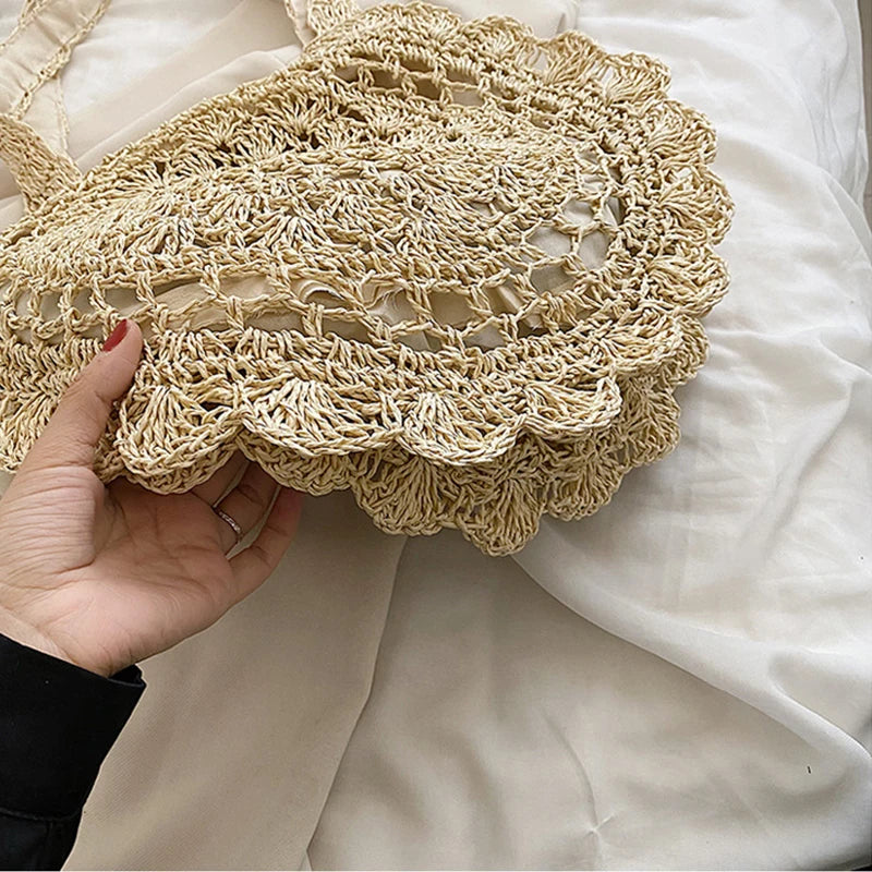 Bohemian Straw Bags for Women Circle Beach Handbags Summer Rattan Shoulder Bags Handmade Knitted Travel Big Totes Bag New