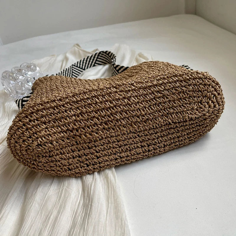 Big Capacity Straw Beach Bag Vintage Handmade Woven Shoulder Bag Raffia Rattan Handbag Bohemian Summer Vacation Crossbody Bags