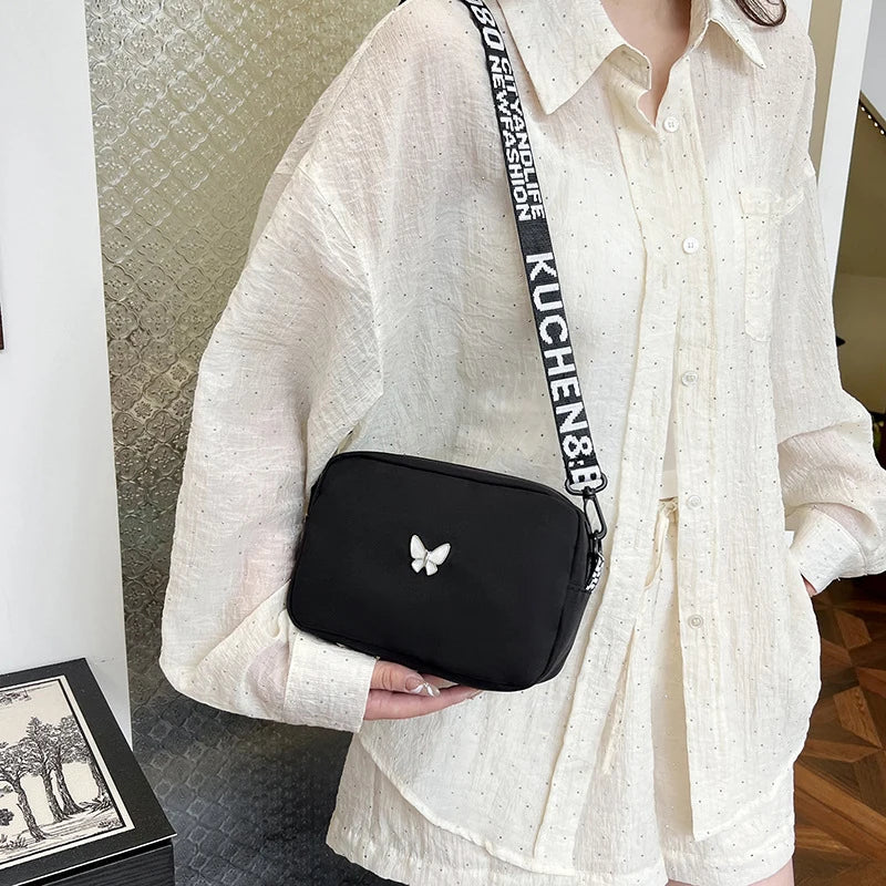 Black&white Shoulder Bag Durable Butterly Nylon Crossbody Bag Wide Belt Crossbody Bag Casual Small Sqaure Bag For Women
