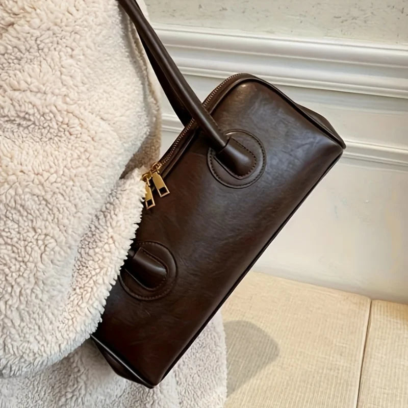 1pc Fashion Faux Leather Shoulder Bag, Elegant Handbag with Stitching Detail, Versatile Top-Handle Purse