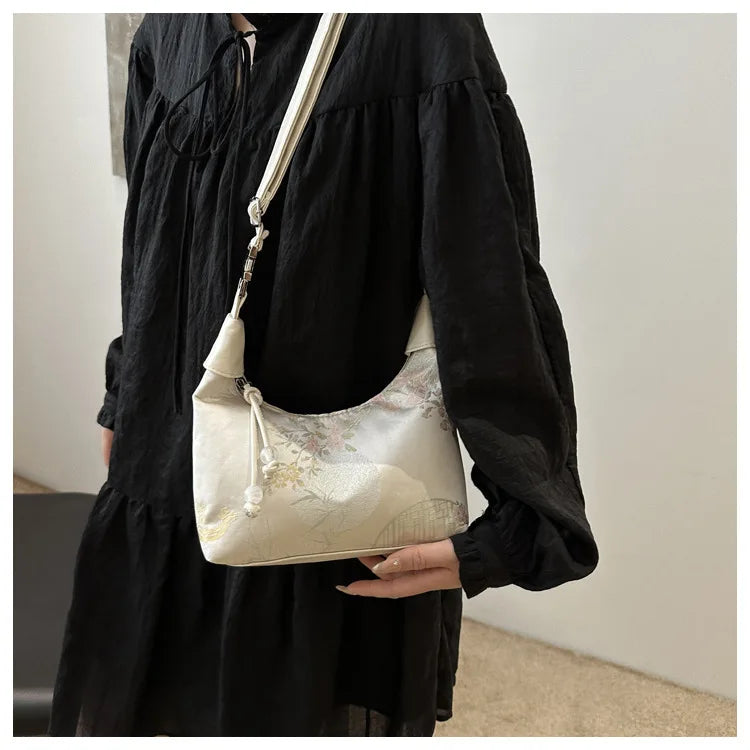 Fashionable Chinese Handbags Fashion Trend Single Shoulder Bag Light Simple Crossbody Bag Random Printed Satin Women's Tote Bag