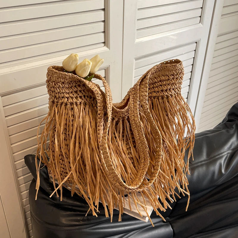 Casual Tassel Woven Women Shoulder Bags Handmade Fringe Lady Handbags Summer Beach Large Tote Bag Shopper Purse for Vacation