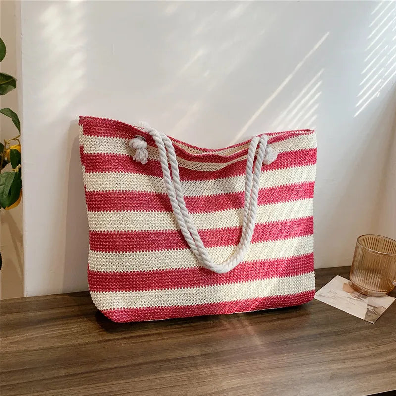 Women Straw Shoulder Bag Color Contrast Beach Handbag Large Capacity Simple Shoulder Bag Ladies Summer Daily Bag