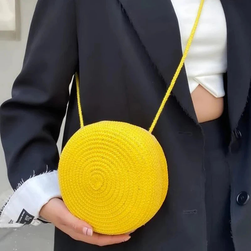 Round Straw Bag Women Woven Beach Crossbody Bag for Ladies Cute Shoulder Rattan Handmade Knitted Candy Color Small Handbag Bolsa