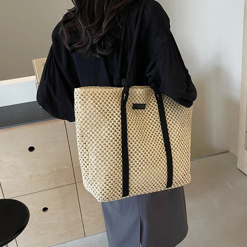 Summer Woven Straw Tote Bag Casual Beach Vacation Women Shoulder Bags Large Capacity Female Handbags Solid Color