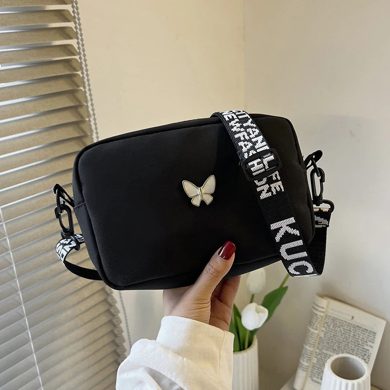 Black&white Shoulder Bag Durable Butterly Nylon Crossbody Bag Wide Belt Crossbody Bag Casual Small Sqaure Bag For Women