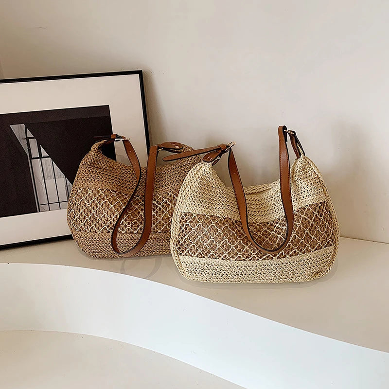 Women Hollow Shoulder Bag Large Capacity Straw Weaving Travel Handbag Adjustable Strap Shopper Tote Bag