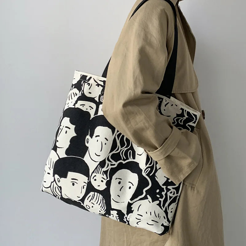 Teen Youth Pattern Canvas Bag, Large Capacity Female Single Handbag Shoulder Bag, Student Literary Artistic Simple Shopping Bag