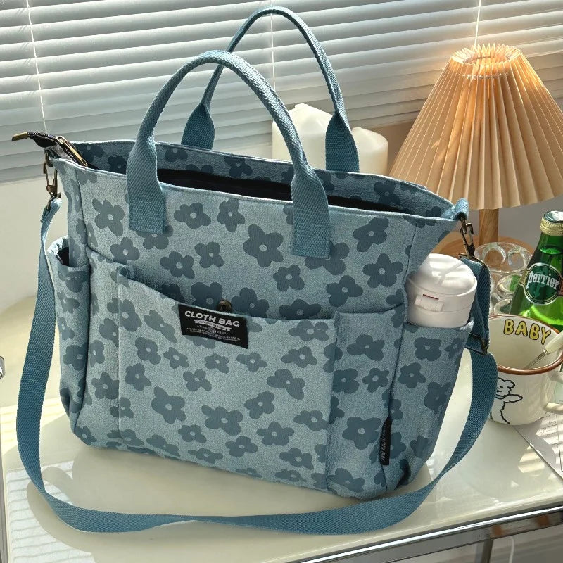 3D Floral Design Tote Bag, Thickened Zipper, Multifunctional Canvas Bag, Student Computer Handbag Shoulder Crossbody School Bag,