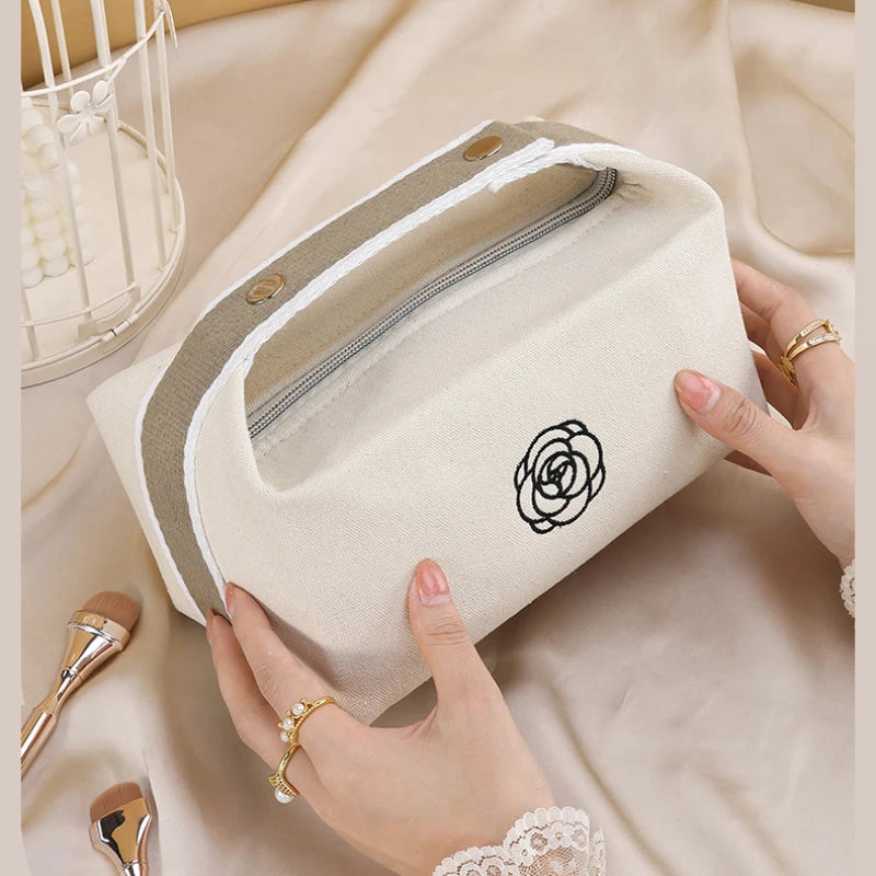 Premium Handheld Portable Camellia Canvas Makeup Bag for Travel Large Capacity Toiletries Cosmetics Skincare Storage Bag